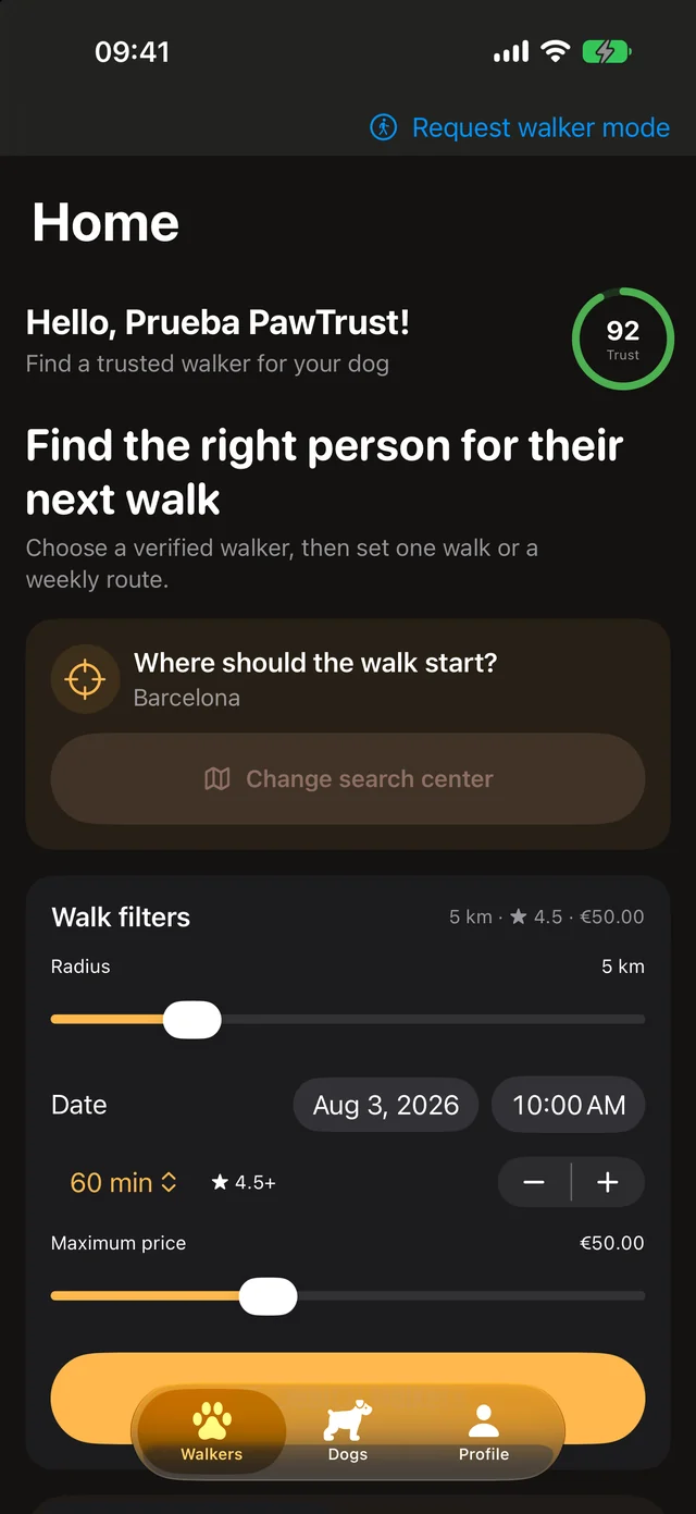 Walker search screen in the PawTrust app