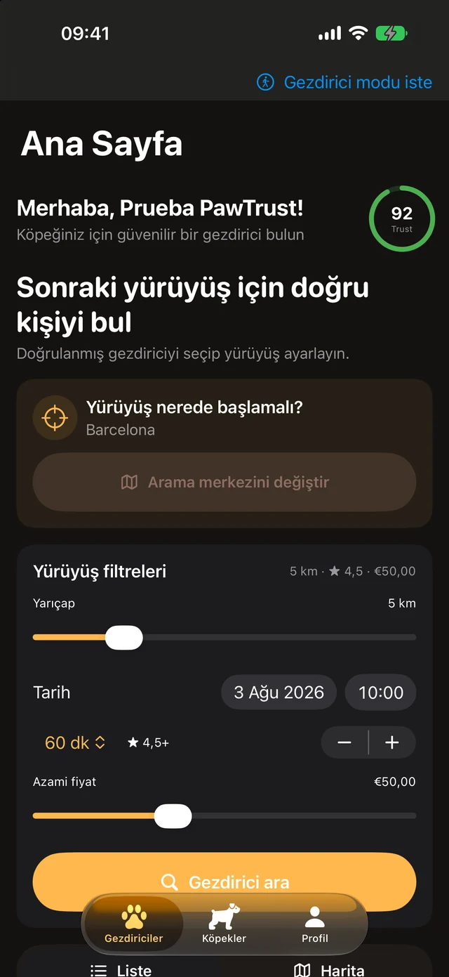 PawTrust uygulamasında gezdirici arama ekranı