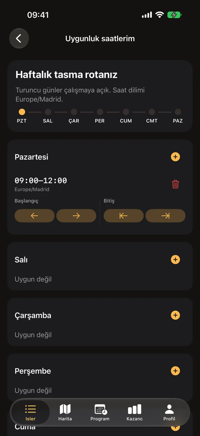 Haftalık müsaitlik